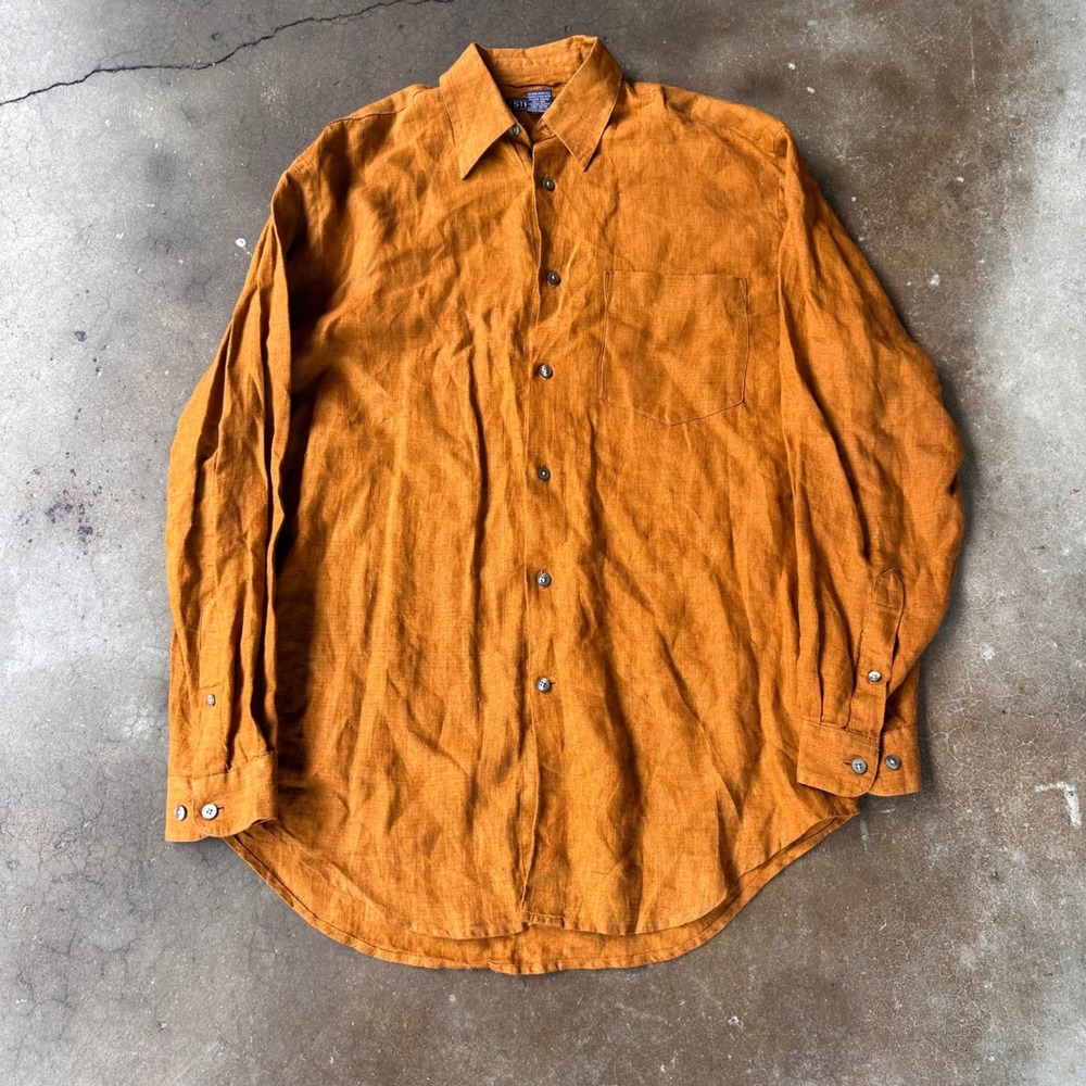 Structure Button Up Shirt Mens S Orange Excellent 100% Linen Long Sleeve Pocket